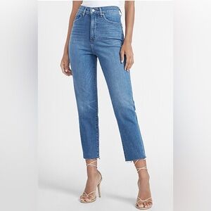 Express Cotton Super High Rise Mom Jean with Raw Hem Medium Blue Wash